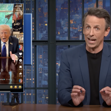 Seth Meyers presents "Late Night" beside a screenshot of Donald Trump's TikTok post.