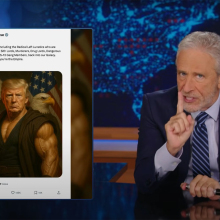 A man in a suit sits behind a talk show desk. In the top-left is an image of the President holding a lightsaber.