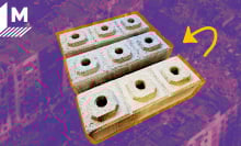 A Mashable collage a yellow arrows pointing at  three of the blocks (foreground). The background image is a drone shot of destroyed buildings in Ukraine.