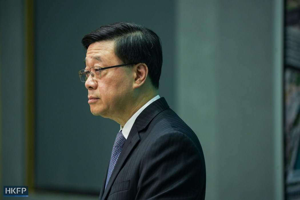 Hong Kong Chief Executive John Lee meets the press on April 8, 2025. Photo: Kyle Lam/HKFP.