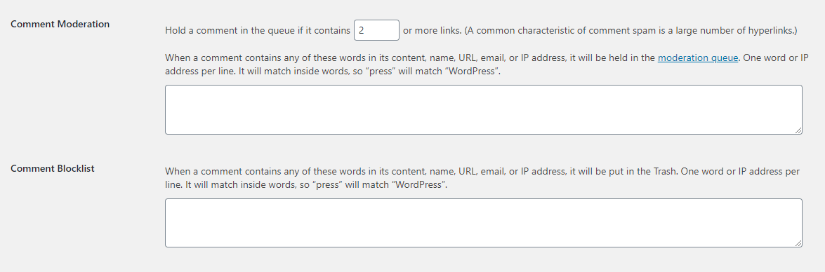 The comment moderation and blocklist options on the 'Settings' page