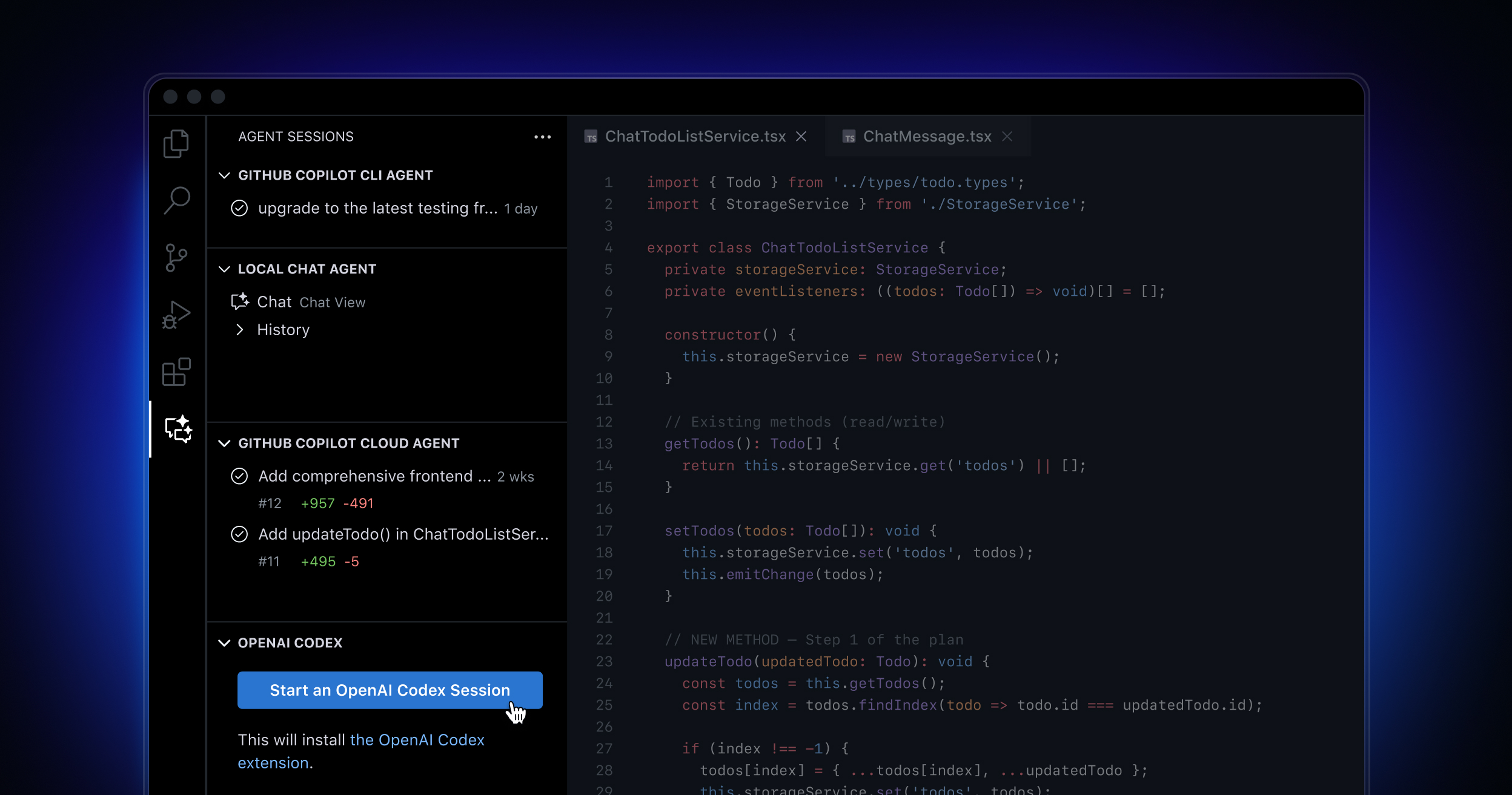 A VS Code window shows a sidebar with agent sessions. Under OpenAI Codex Agent, a button says "Start a coding session."