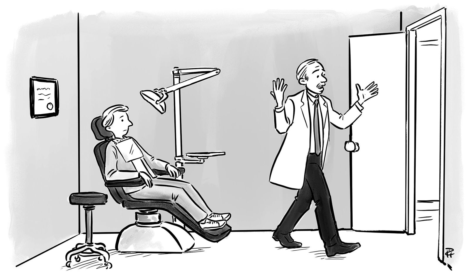 A dentist walks out of a room in disgust after a patient lies to him about flossing.