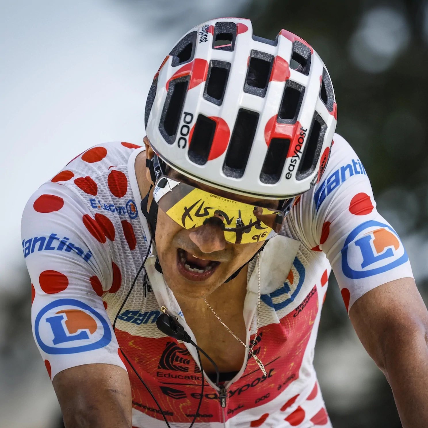 Photo of EF Pro Cycling rider Richard Carapaz wearing the Polka Dot Mountains classification jersey the 2024 Tour de France.