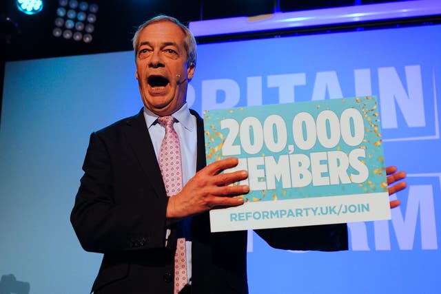 <p>Nigel Farage celebrates 200,000 Reform UK party members in February. The figure is now about 244,000</p>