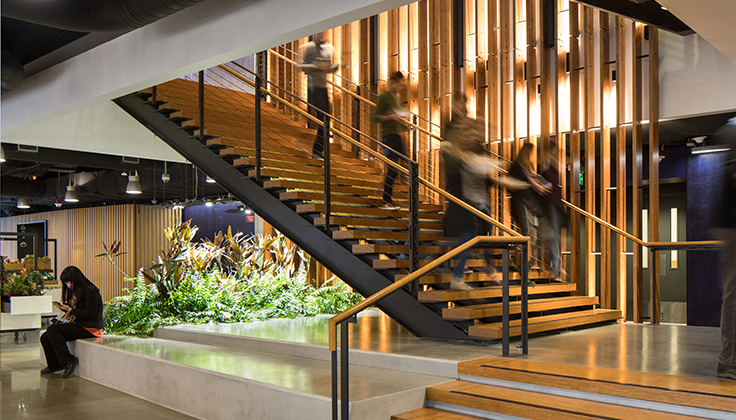 Blurred people walking down a staircase.