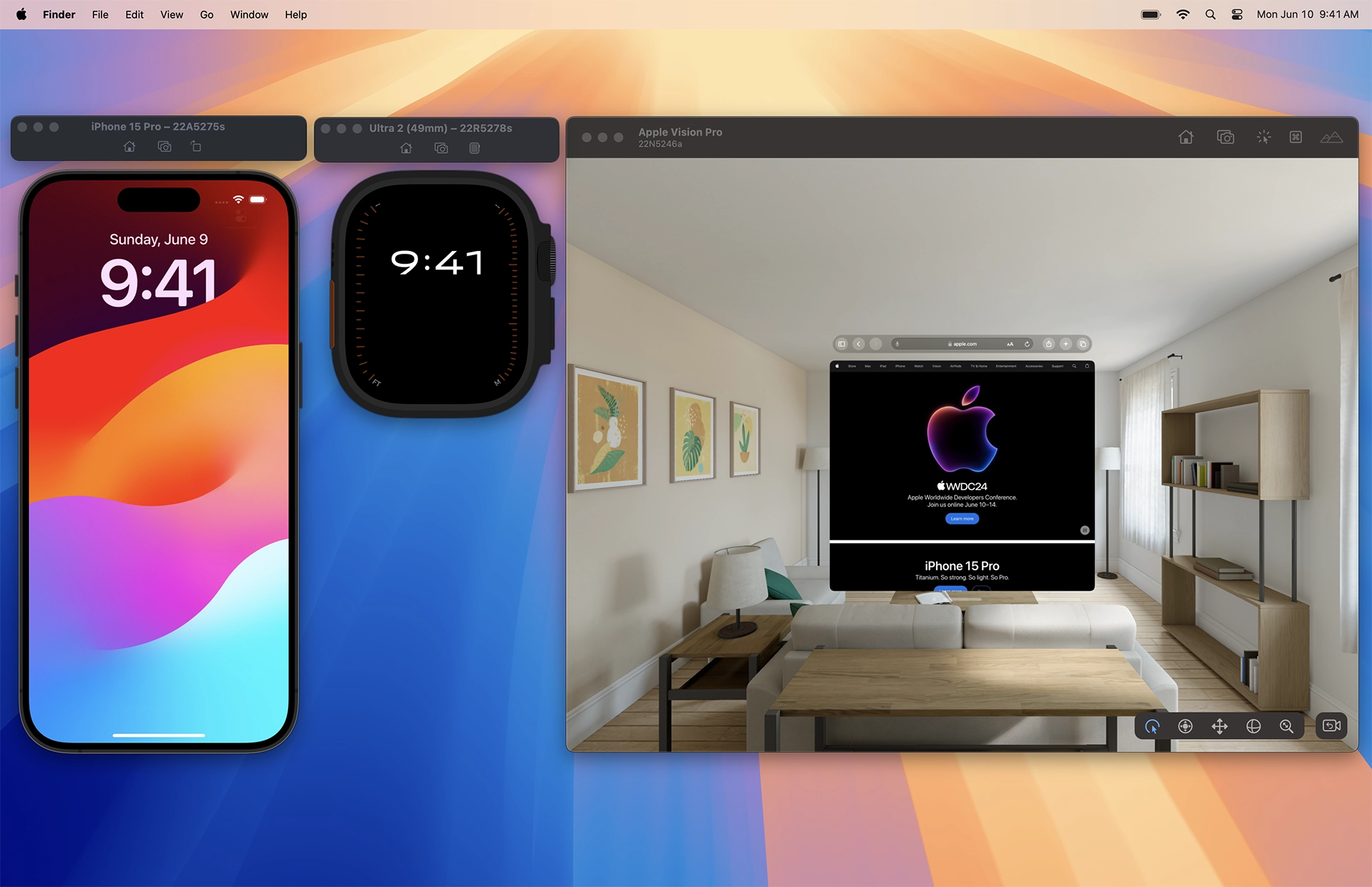 iPhone simulator showing 9:41, watchOS simulator showing 9:41, and a visionOS simulator