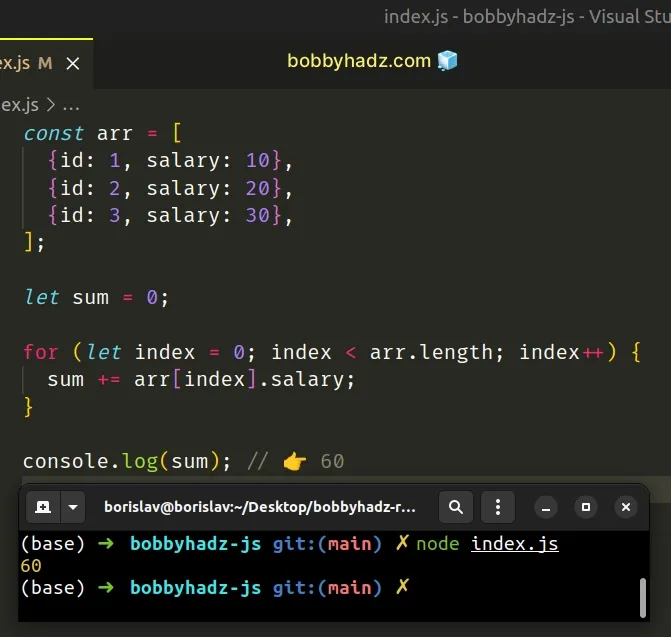 sum property in array of objects using for loop