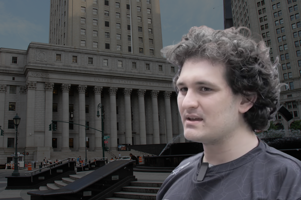 A photo of Sam Bankman-Fried superimposed over a photo of the NY appeals courthouse