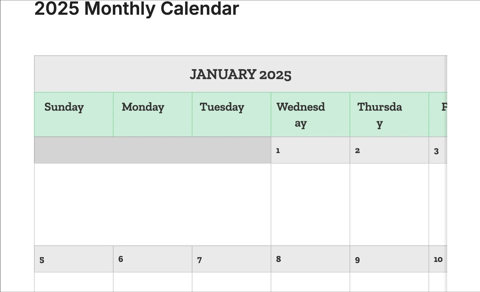 Preview of the template titled 2025 Monthly Calendar, featuring various sections and text
