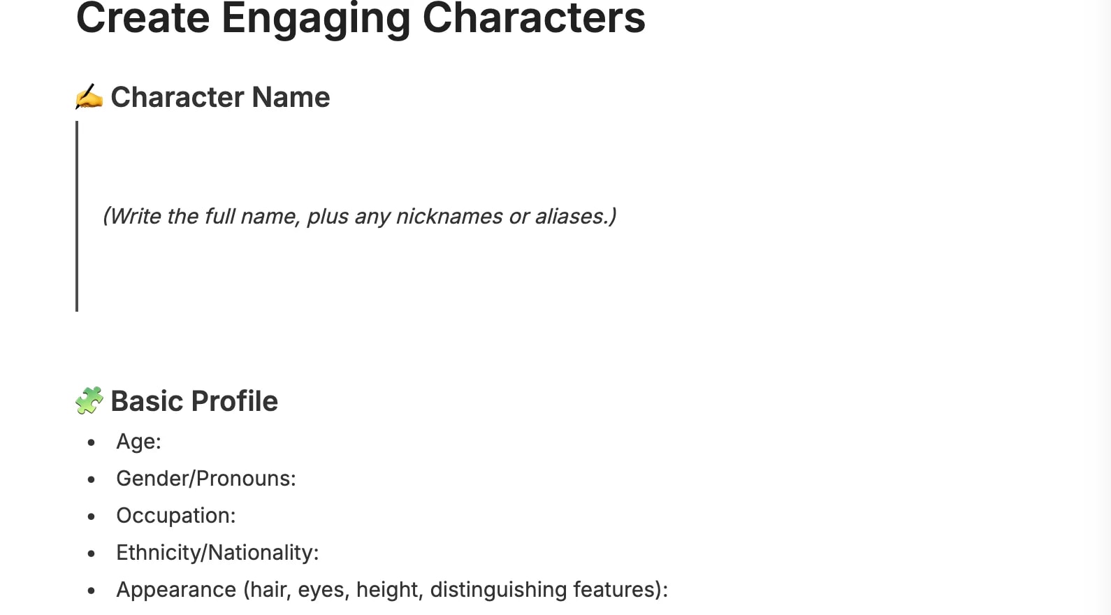 Preview of the template titled Create Engaging Characters, featuring various sections and text